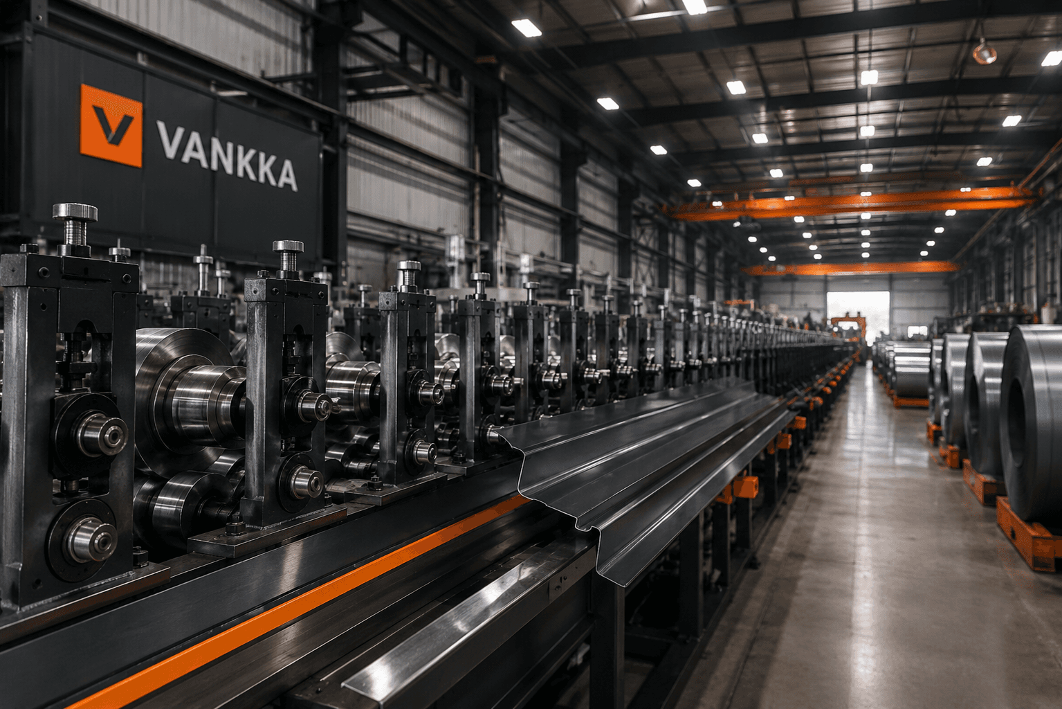 Roll-forming stands shaping coated steel on the VANKKA line